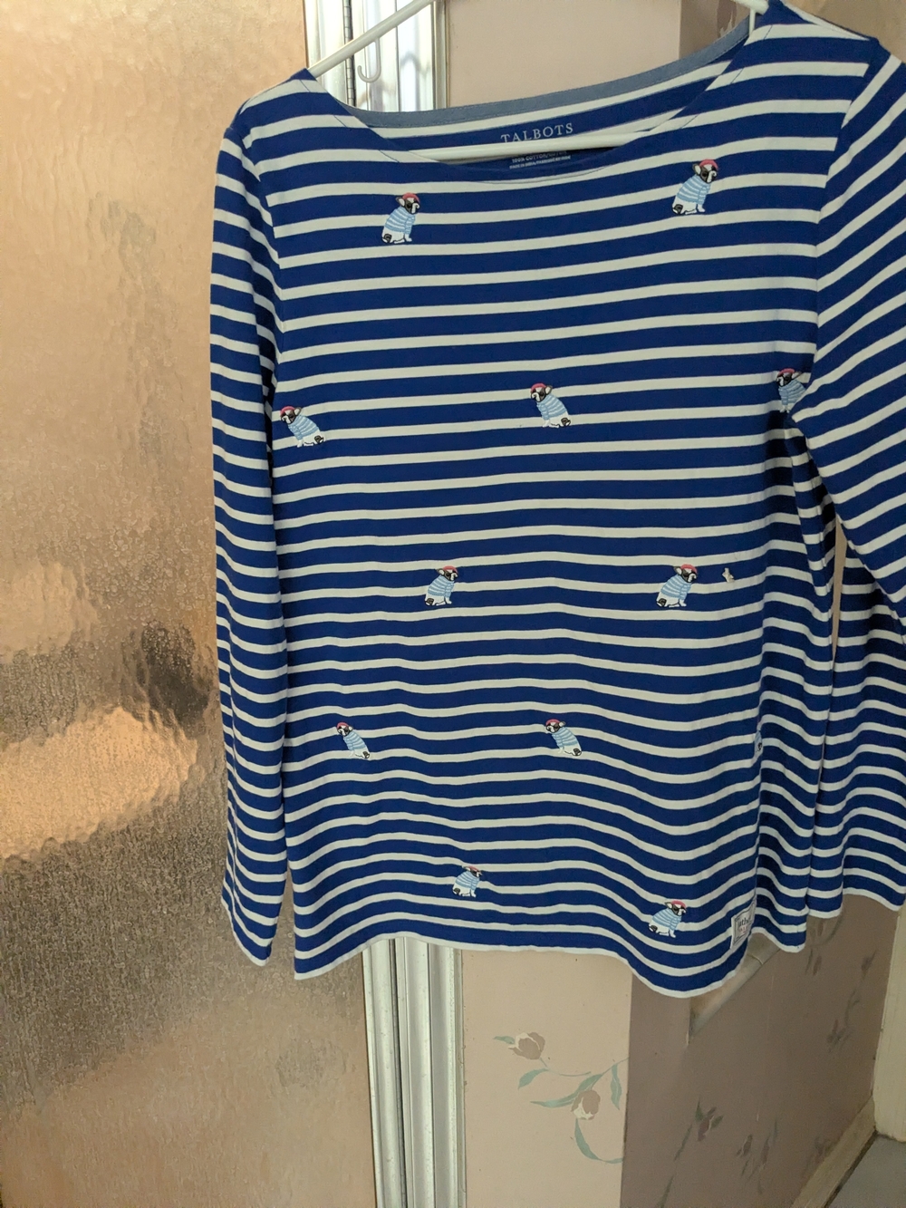Talbots Blue and White Striped Tee with Frenchie Dog Embroidery Medium